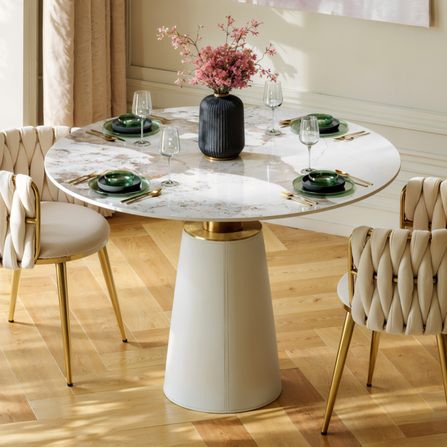 100 cm Sintered Stone Round Dining Table with Saddle Leather Base Seats 2-4 People - image 1