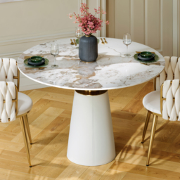 100 cm Sintered Stone Round Dining Table with Saddle Leather Base Seats 2-4 People - thumbnail 2