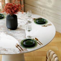 100 cm Sintered Stone Round Dining Table with Saddle Leather Base Seats 2-4 People - thumbnail 7