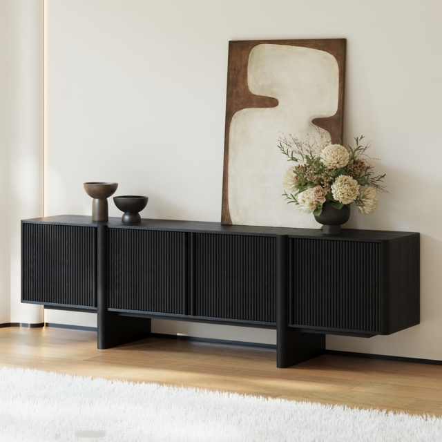 200 cm Solid Wood Fluted Black TV Stand with Cabinets - image 1
