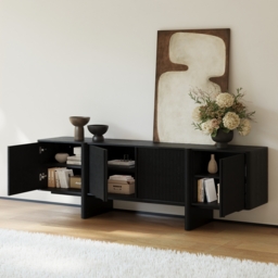 200 cm Solid Wood Fluted Black TV Stand with Cabinets - thumbnail 3