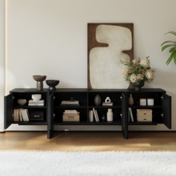 200 cm Solid Wood Fluted Black TV Stand with Cabinets - thumbnail 4