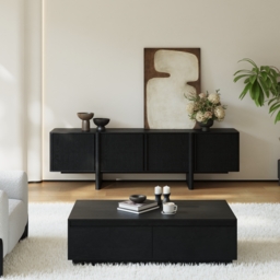 200 cm Solid Wood Fluted Black TV Stand with Cabinets - thumbnail 5