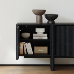 200 cm Solid Wood Fluted Black TV Stand with Cabinets - thumbnail 7