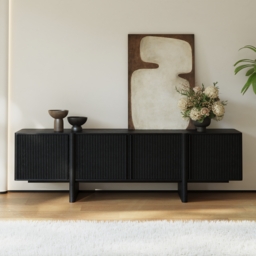 200 cm Solid Wood Fluted Black TV Stand with Cabinets - thumbnail 2