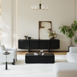 200 cm Solid Wood Fluted Black TV Stand with Cabinets - thumbnail 6