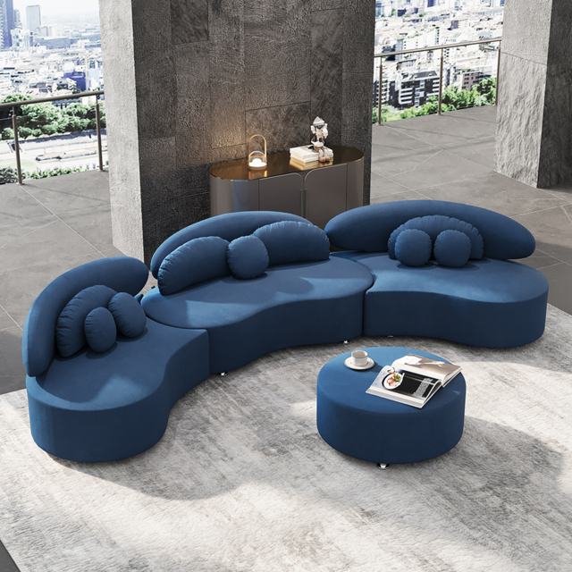 3700mm 4-Piece Curved Velvet Sectional Sofa with Ottoman & Pillows - image 1