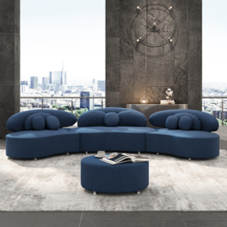 3700mm 4-Piece Curved Velvet Sectional Sofa with Ottoman & Pillows - thumbnail 2