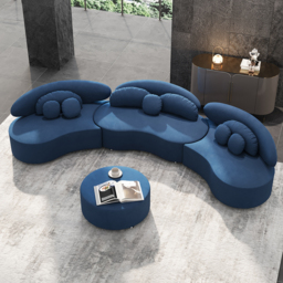 3700mm 4-Piece Curved Velvet Sectional Sofa with Ottoman & Pillows - thumbnail 3