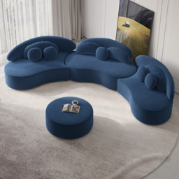 3700mm 4-Piece Curved Velvet Sectional Sofa with Ottoman & Pillows - thumbnail 8