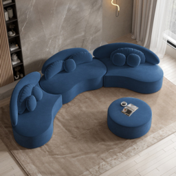 3700mm 4-Piece Curved Velvet Sectional Sofa with Ottoman & Pillows - thumbnail 7
