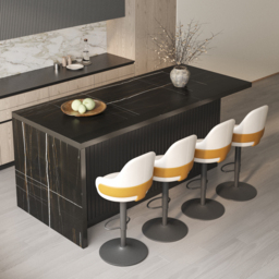1830mm Black Kitchen Island & 4 Velvet Swivel Bar Stools with Curved Wing Back - thumbnail 1
