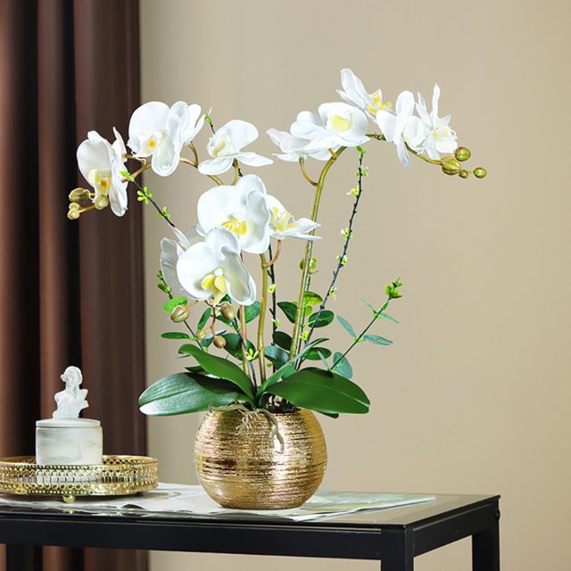 Premium Artificial Realistic White Orchids in Vase Set Gold Brushed Ceramic Flower Pots - image 1