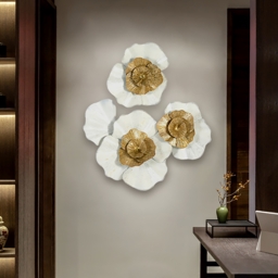 600mm x 700mm Modern Metal Flower Wall Decor Home Wall Art in Gold & White Living Room - thumbnail 1