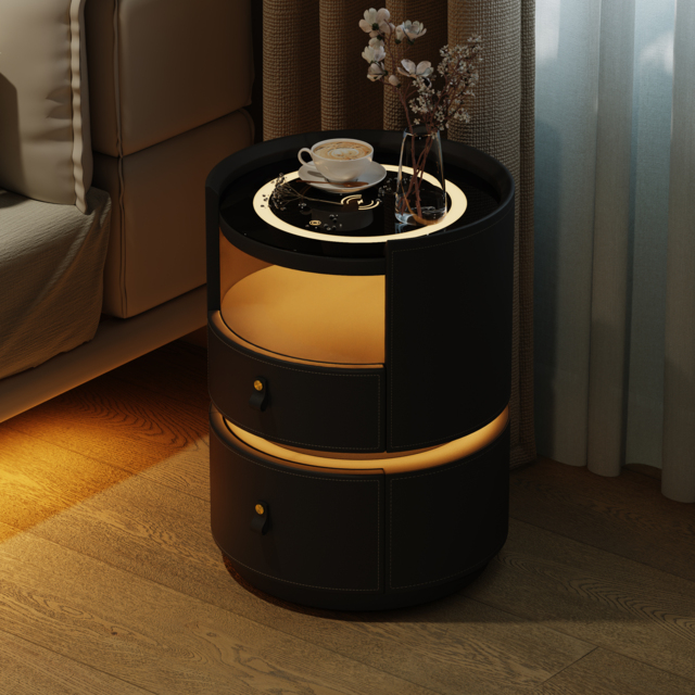 Modern Saddle Leather Smart LED Bedside Table with Charging Station, Tempered Glass Top - image 1