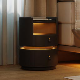 Modern Saddle Leather Smart LED Bedside Table with Charging Station, Tempered Glass Top - thumbnail 3