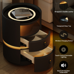 Modern Saddle Leather Smart LED Bedside Table with Charging Station, Tempered Glass Top - thumbnail 9