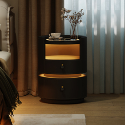 Modern Saddle Leather Smart LED Bedside Table with Charging Station, Tempered Glass Top - thumbnail 2