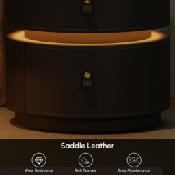 Modern Saddle Leather Smart LED Bedside Table with Charging Station, Tempered Glass Top - thumbnail 6