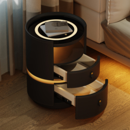 Modern Saddle Leather Smart LED Bedside Table with Charging Station, Tempered Glass Top - thumbnail 4