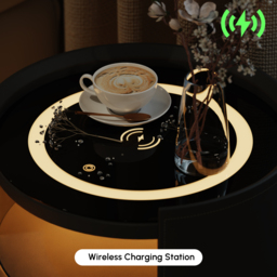 Modern Saddle Leather Smart LED Bedside Table with Charging Station, Tempered Glass Top - thumbnail 7