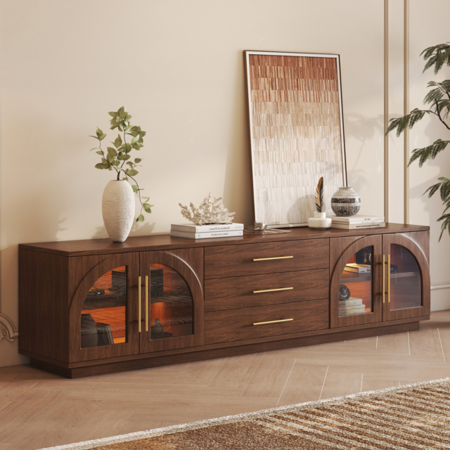 Arune 203 cm Mid Century Modern Walnut TV Stand with LED Lights and Arched Glass Cabinet Doors - image 1