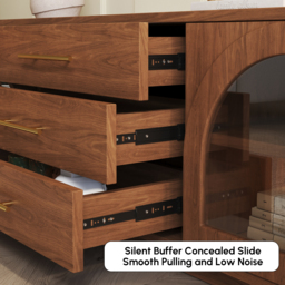 Arune 203 cm Mid Century Modern Walnut TV Stand with LED Lights and Arched Glass Cabinet Doors - thumbnail 9