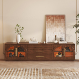 Arune 203 cm Mid Century Modern Walnut TV Stand with LED Lights and Arched Glass Cabinet Doors - thumbnail 2