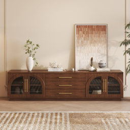 Arune 203 cm Mid Century Modern Walnut TV Stand with LED Lights and Arched Glass Cabinet Doors - thumbnail 6