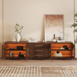 Arune 203 cm Mid Century Modern Walnut TV Stand with LED Lights and Arched Glass Cabinet Doors - thumbnail 3