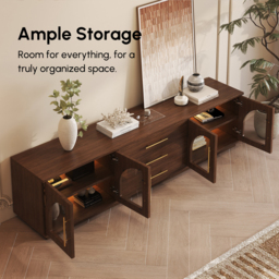Arune 203 cm Mid Century Modern Walnut TV Stand with LED Lights and Arched Glass Cabinet Doors - thumbnail 7