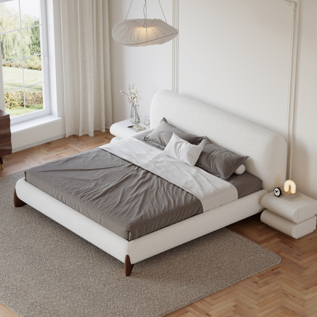 Modern White Boucle Platform Bed 180cm*200cm Bed Frame with Upholstered Headboard - image 1