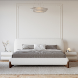 Modern White Boucle Platform Bed 180cm*200cm Bed Frame with Upholstered Headboard - thumbnail 2
