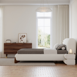 Modern White Boucle Platform Bed 180cm*200cm Bed Frame with Upholstered Headboard - thumbnail 3