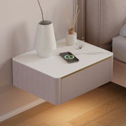Modern Floating Corduroy Smart Nightstand Bedside Table with Light Set of 2 - thumbnail 4