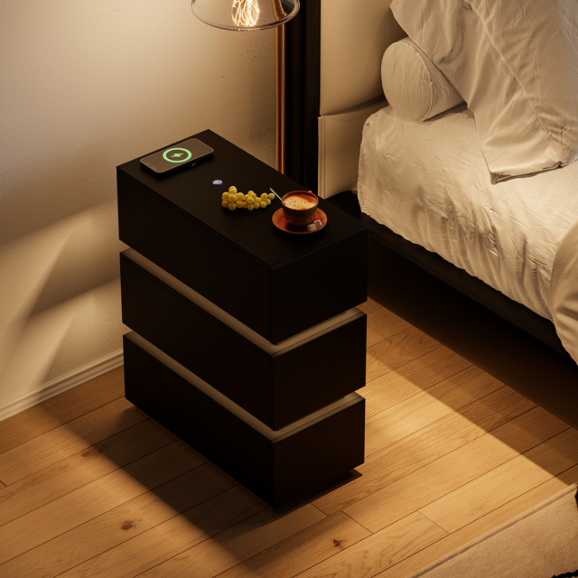 Smart LED 3-Drawer Bedside Table Wireless Charging Station Bedside Table with Light Modern Black - image 1