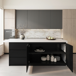 180 cm Large White & Black Kitchen Island with Storage Cabinet Marble Veneered Top - thumbnail 7