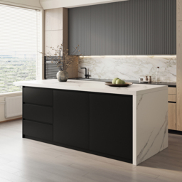 180 cm Large White & Black Kitchen Island with Storage Cabinet Marble Veneered Top - thumbnail 8