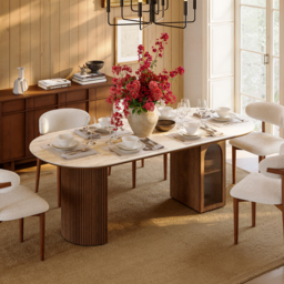 180 cm Faux Travertine Oval Dining Table with Fluted Base & Storage - thumbnail 1