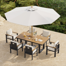 Tevara 8-Piece Rectangular Wood & Aluminium Outdoor Dining Set with Pillar Umbrella