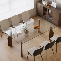 1800mm Rectangle Glass Dining Table for 8 Person Walnut Solid Wood 4-Legs - thumbnail 2