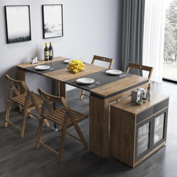 Modern Extendable Dining Table Rectangle Sideboard with Storage in Walnut & Gray - thumbnail 2