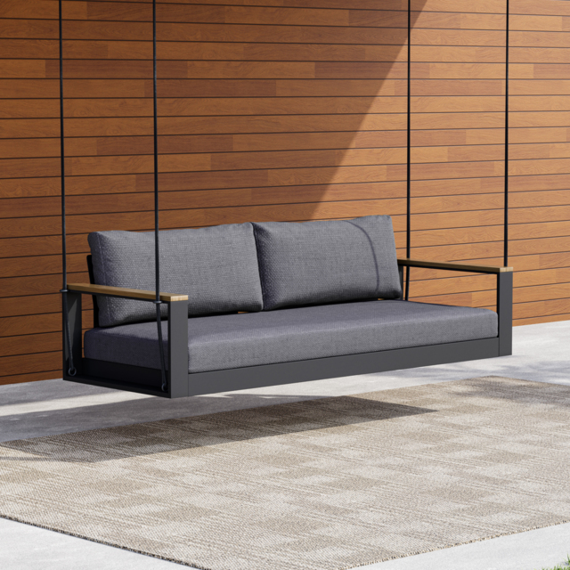 Tevara Two Seater Solid Wood Outdoor Hanging Chair Sofa Porch Swing Bench in Grey Cushion & Pillow Included - image 1