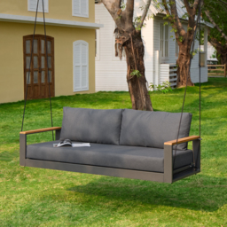 Tevara Two Seater Solid Wood Outdoor Hanging Chair Sofa Porch Swing Bench in Grey Cushion & Pillow Included - thumbnail 6