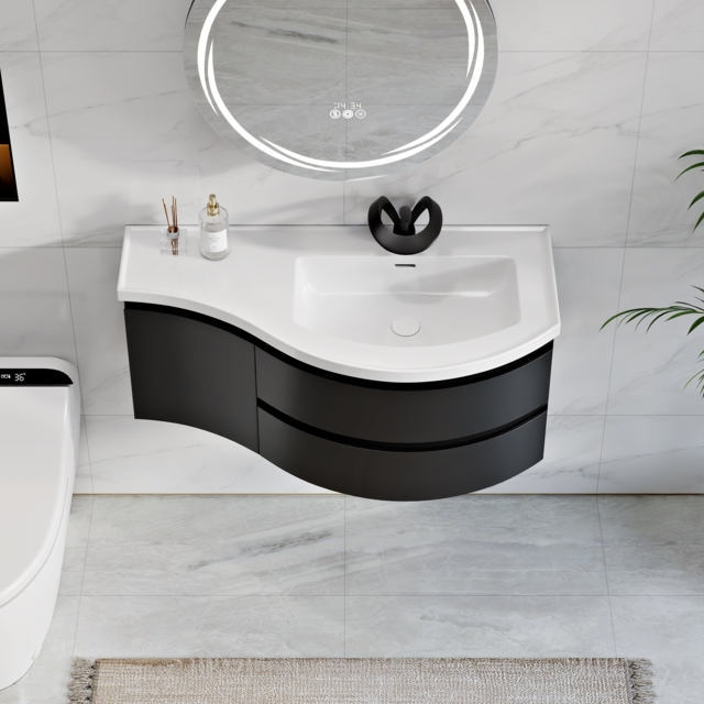 900mm Floating Curved Bathroom Vanity in Black Right Offset Single Sink Bathroom Cabinet - image 1