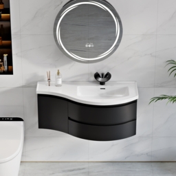 900mm Floating Curved Bathroom Vanity in Black Right Offset Single Sink Bathroom Cabinet - thumbnail 3