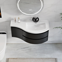 900mm Floating Curved Bathroom Vanity in Black Right Offset Single Sink Bathroom Cabinet - thumbnail 1