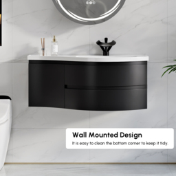 900mm Floating Curved Bathroom Vanity in Black Right Offset Single Sink Bathroom Cabinet - thumbnail 8