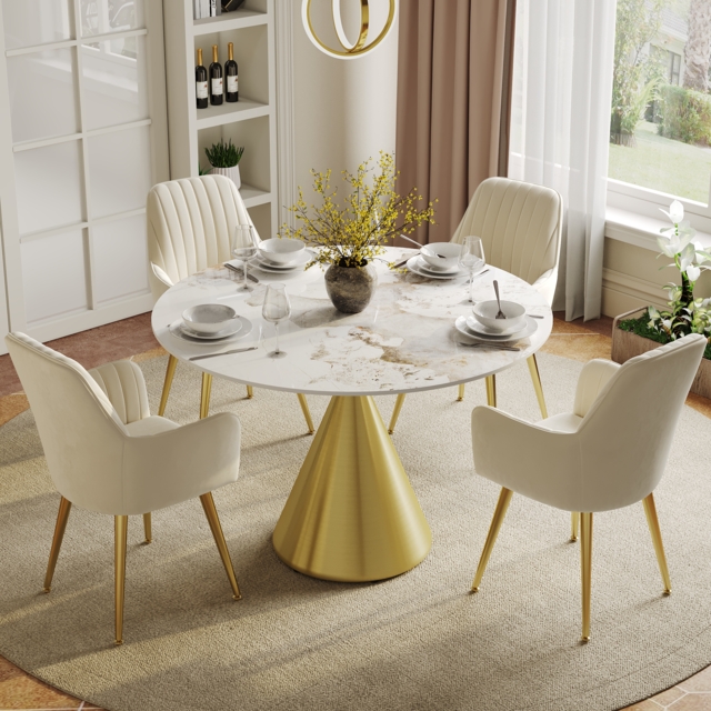 100 cm Sintered Stone Round Dining Table with Brushed Gold Base Seats 2-4 People - image 1
