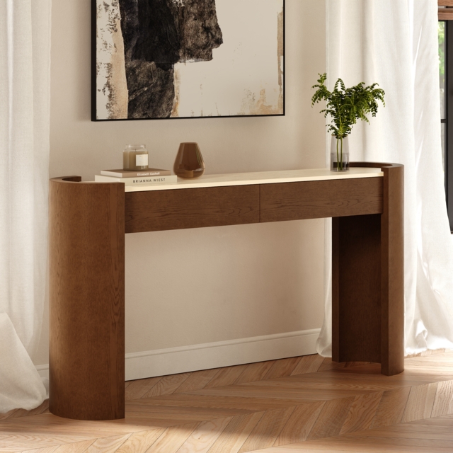 "Japandi 60"" Oval Sintered Stone Console Table With 2 Drawers" - image 1